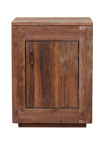 Noptieră rustică din lemn reciclat, maro, cu ușă, raft interior și mâner verigă din metal, pe soclu, 71 x 53 x 41 cm, „Rochehaut”