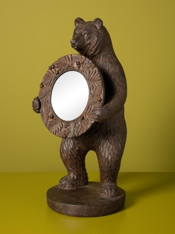 Oglindă de masă din rășină, maro, urs în picioare ținând o oglindă rotundă, ramă cu frunze în relief, finisaj antichizat, 37 x 17 x 16,5 cm, „Brienz” - Img 3