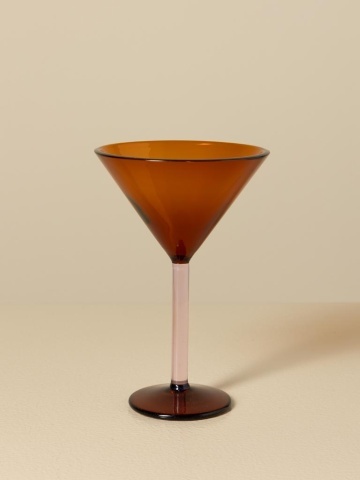 Pahar cocktail din sticlă borosilicată, chihlimbar, cu picior roz, tip martini, 15 x 10 cm, „Twiggy” - Img 3