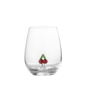 Pahar din sticlă suflată manual, transparent, cu decor de cireșe pictat în interior, 9x12 cm, 560 ml, „Misa"