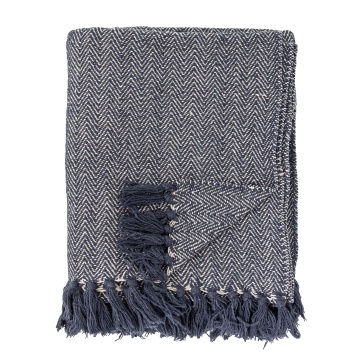 Patura din bumbac reciclat, albastru, model în spic în tonuri natur, franjuri decorative, finisaj țesut, 160 x 130 cm, „Herringbone” - Img 5
