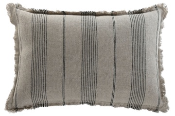 Pernă decorativă din in natural cu dungi, 60 x 40 cm, 500 g, bej și gri, franjuri, husă cu fermoar, „Linen Cushion Striped"