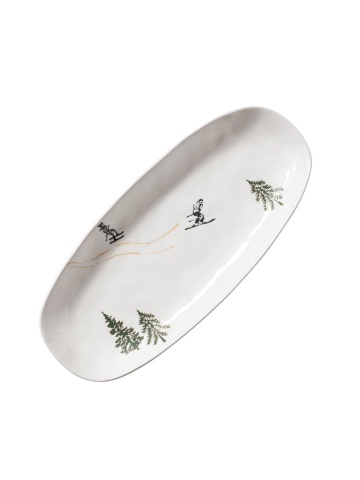 Platou de servire din ceramică albă, formă ovală, cu motive de iarnă pictate manual, 3,5 × 30,5 × 13 cm, „Slalom"
