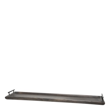 Platou de servire din lemn masiv de mango negru, lucrat manual, cu mânere metalice, 8x90x20 cm, „Tours"