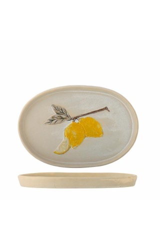 Platou oval din ceramică natur cu lămâi sculptate în relief, 36×25×3 cm, "Hadden"