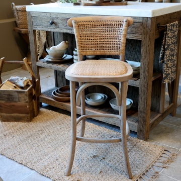 Scaun de bar cannage pentru insulă din lemn de hevea și ratan, natur, cu suport inelar pentru picioare, 92 x 40 x 45 cm, „Old French” - Img 2