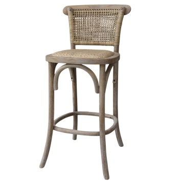 Scaun de bar cu spătar cannage din lemn de hevea și ratan, natur, cu arcuri și suport inelar pentru picioare, 103 x 51,5 x 43,5 cm, „Old French”