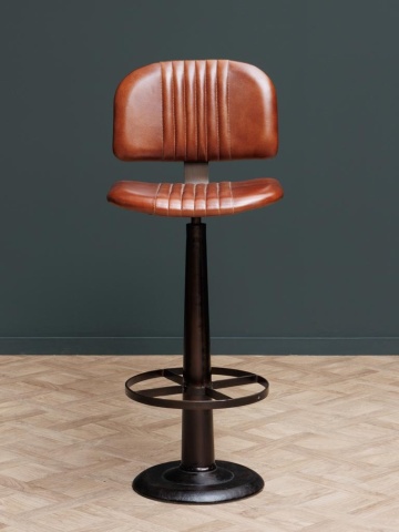 Scaun de bar cu spătar în stil industrial, din piele naturală și metal, maro, cu picior central și inel pentru picioare, 102 x 42 x 48 cm, „Cleveland” - Img 2