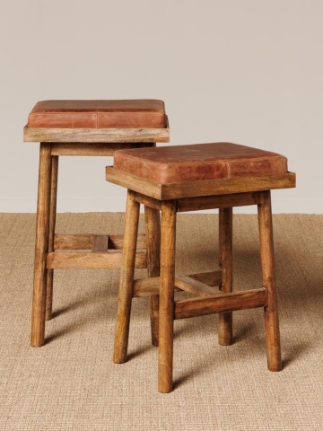 Scaun de bar din lemn de mango natur și piele naturală coniac, cu șezut dreptunghiular și suport pentru picioare, 76 x 45 x 35 cm, „Django” - Img 5