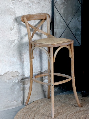 Scaun de bar din lemn de mango și ratan, natur, cu spătar în X și suport inelar pentru picioare, 103 x 51 x 44 cm, „Old French” - Img 3