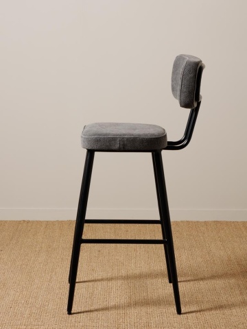Scaun de bar tapițat din bumbac gri și fier negru, cu spătar dreptunghiular și suport pentru picioare, aspect stonewashed, 105 x 48 x 48 cm, „Fairfax” - Img 4