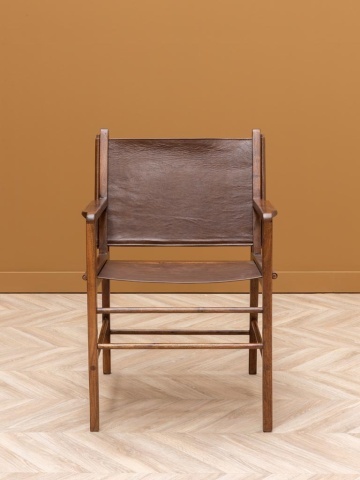 Scaun de dining din piele maro, cu structură din lemn de acacia, finisaj natural lucios, 90×60×66 cm, „Arius" - Img 2