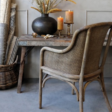Scaun dining bej din rattan si rachita, cu aspect vintage Old French - Img 2