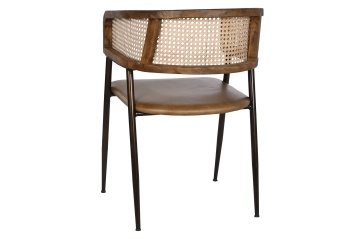 Scaun dining cu brațe din ratan și piele, maro, spătar curbat împletit și picioare negre din metal, 78 x 52 x 56 cm, „Cannage” - Img 7