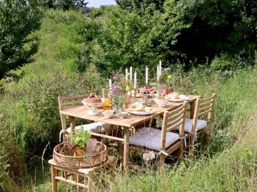 Scaun dining de exterior din bambus, natur, cu spătar din bare orizontale și șezut din lamele, 81 x 45 x 45 cm, „Lyon” - Img 3