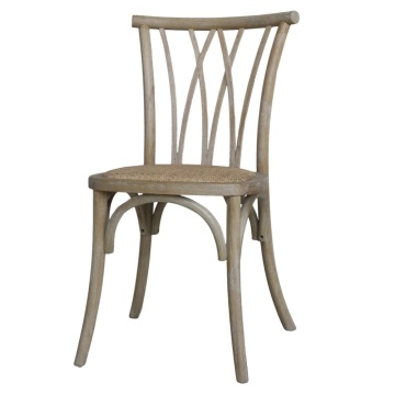 Scaun dining din lemn de hevea, ratan și răchită, bej, cu spătar din baghete curbate încrucișate, finisaj décapé, 89,5 x 50,5 x 53 cm, „Lisette”