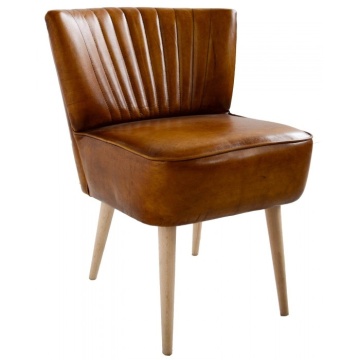 Scaun dining tapițat retro din piele naturală și lemn de fag, maro, cu spătar în canale verticale și picioare conice, 82 x 61 x 68 cm, „Marlon” - Img 2