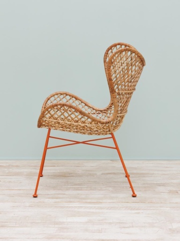Scaun dining tip fotoliu împletit din ratan, bej, cu spătar în formă de fluture și picioare portocalii din metal, 89,5 x 67,5 x 66 cm, „Tangerine” - Img 2