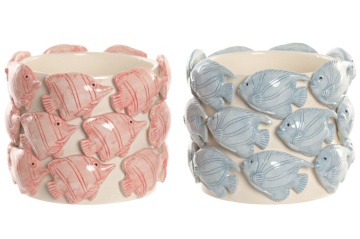 Set 2 ghivece decorative ceramice stil mediteranean, cu model pesti albastru coral , "Boca"