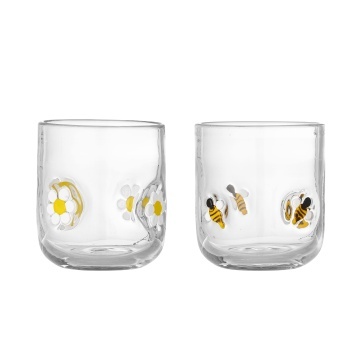 Set 2 pahare din sticlă transparentă cu albine și margarete, D8×H9 cm, 300 ml, „Buzz"