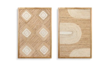 Set 2 tablouri decorative din iută cu relief în ramă din lemn de acacia, 60×90 cm, „Hemp"