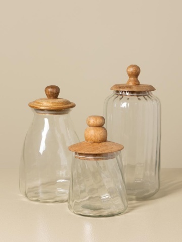 Set 3 borcane din sticlă canelată cu capac din lemn de mango cu mâner sculptat, natur, 12 × 24 cm, „Twisted" - Img 8