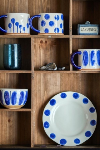 Set 3 căni natur din ceramică artizanală pictată manual cu motive geometrice în albastru, 450 ml, 11×8,5 cm, "Linora" - Img 2