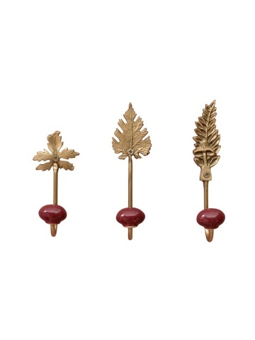 Set 3 cuiere de perete din metal și ceramică, auriu și bordo, frunze sculptate și sferă din ceramică, finisaj lucios, 15,5 x 4 cm, „Feuilles”