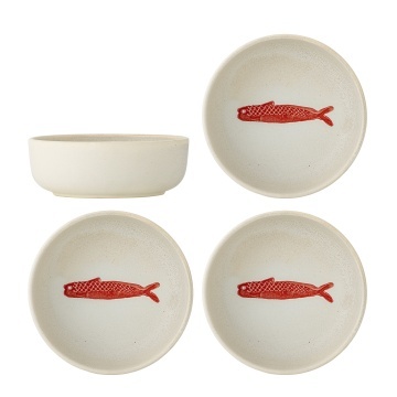 Set 4 boluri din ceramică artizanală alba si pește sculptat în relief, roșu, 14.5×5 cm, „Hadden"