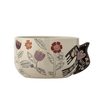 Set 4 boluri din ceramică artizanală, natur, pictate manual cu motive florale și pasăre, 13x8 cm, „Vivielle" - Img 3