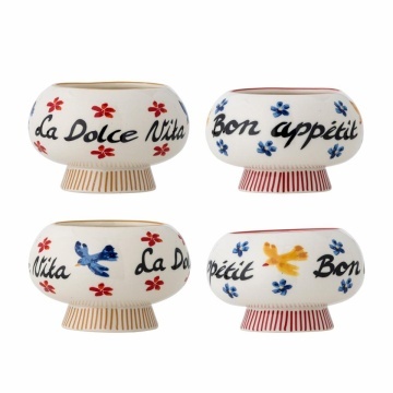 Set 4 boluri din ceramică, multicolor, inscripții pictate manual, flori și păsări în tonuri roz și albastre, picior canelat, 9 x 13 cm, „Lindsay” - Img 6
