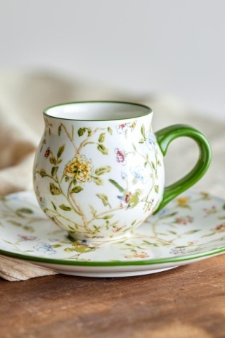 Set 4 căni din ceramică artizanală natur si motive florale botanice, 9×9 cm, "Bloomie" - Img 2