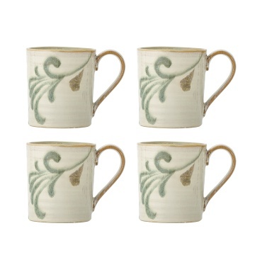 Set 4 căni din ceramică natur, cu motive botanice în verde și maro, „Bethany", 9 x 10 cm