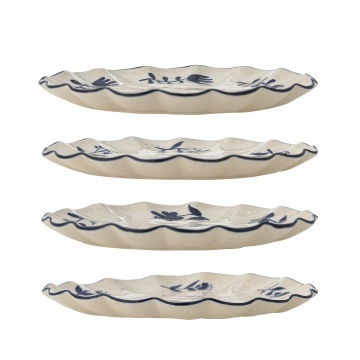 Set 4 farfurii din ceramică artizanală natur cu motive florale albastre pictate manual și margine albastră, 20,5×2 cm, "Eimy" - Img 2