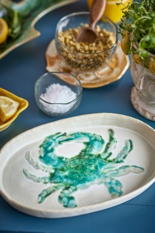 Set 4 farfurii ovale din ceramică verde cu crab sculptat, L29×H2,5×W18 cm, „Hadden” - Img 2