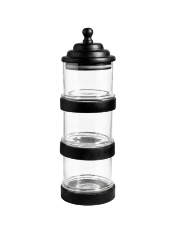 Set borcane cu capac din lemn de mango, negru, 3 borcane suprapuse din sticlă, capac bombat cu mâner rotund, 41 x 13 cm, „Sylve”