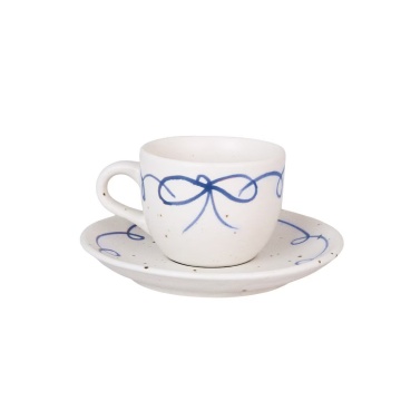 Set ceașcă cu farfurie decorativ vintage din ceramică, alb cu detalii albastre „Viola Bow”