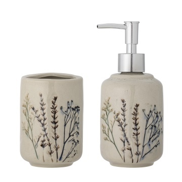 Set dispenser săpun lichid și pahar din ceramică cu flori de câmp aplicate manual, D8×H11/D8×H18 cm, „Bea"