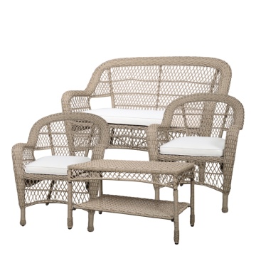 Set lounge exterior boho chic din rattan sintetic cu canapea, 2 fotolii și măsuță, perne incluse, „La Bohème”