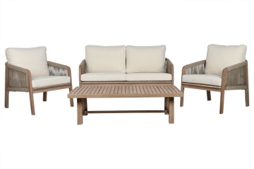 Set lounge exterior premium din lemn de acacia cu frânghie împletită, canapea, 2 fotolii și măsuță cu perne din stofă, „Capri”