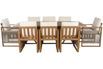 Set mobilier de exterior masa dining si 8 scaune, din lemn de eucalipt și sfoară naturală, 230X100X75 cm