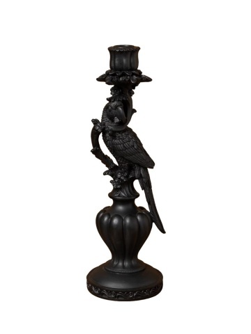 Sfeșnic din rășină cu papagal pe piedestal sculptat, negru antichizat-auriu, finisaj patinat, 33,5×11 cm, „Perroquet"