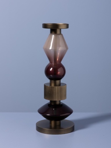 Sfeșnic din sticlă și metal, vișiniu-auriu antichizat, structură sculpturală etajată, finisaj patinat, 37×14 cm, „Astrolab" - Img 4