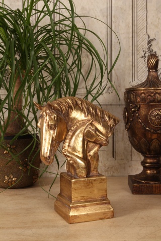 Statuetă decorativă din polirășină, auriu, două capete de cal, 30 x 23 x 11,5 cm, „Pollux” - Img 2