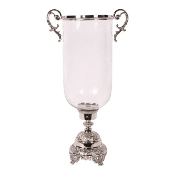 Suport lumânare din alamă lucrată manual și sticlă, argintiu, cu picior înalt, cilindru transparent și două mânere sculptate, 59,5 x 20 cm, „Assiya”