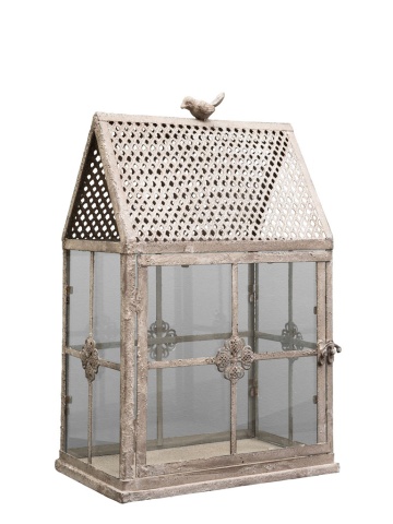 Suport shabby chic pentru lumânare tip seră din metal, cu pasăre decorativă, H45,5 cm