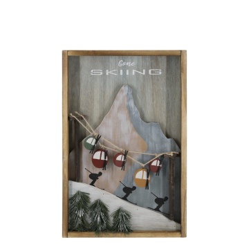 Tablou decorativ vintage din lemn de pin, H51 cm, „Vintage Picture w. Ski Lifts”