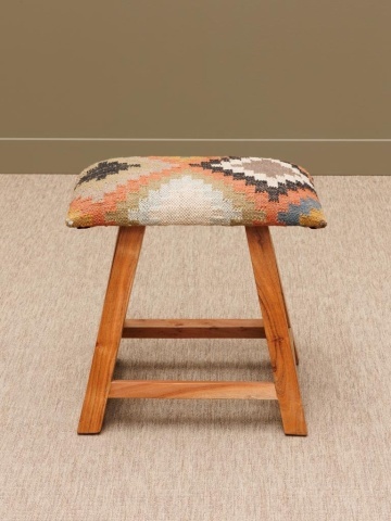 Taburet kilim din iută, lână și lemn de mango, multicolor, cu romb în trepte și picioare înclinate, 45 x 45 x 35 cm, „Winter Killim” - Img 3