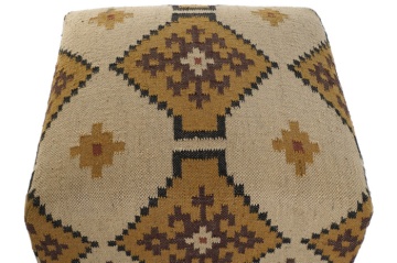 Taburet kilim pentru picioare din lână, bumbac și lemn, bej, cu romburi în trepte, țesut manual, 44 x 80 x 80 cm, „Kilim” - Img 2