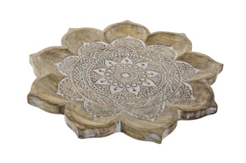 Tavă decorativă Indian mandala decape natural din lemn de mango cu structură din lemn, "Anvaya"